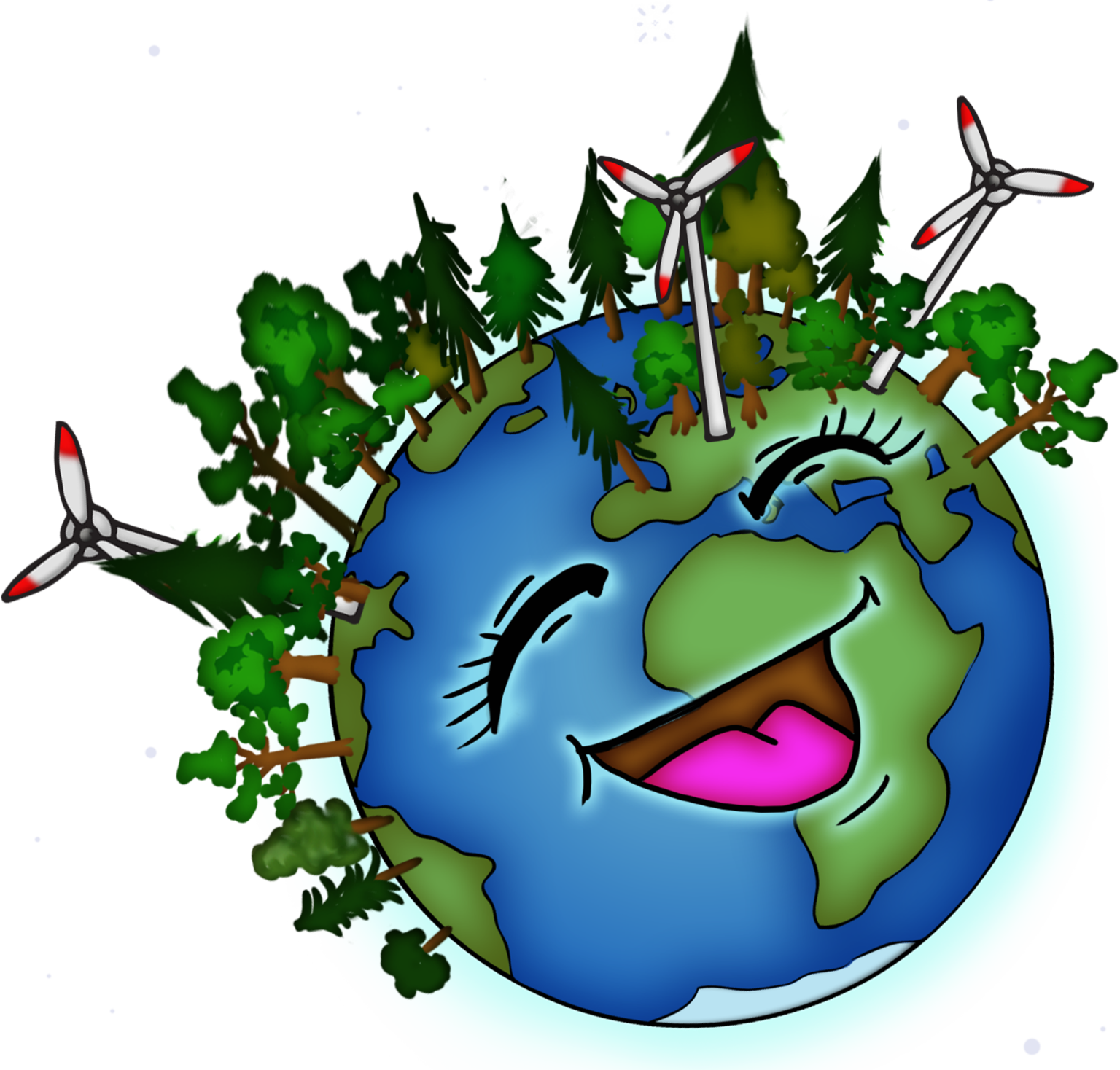 lachende Erde mit Wald und Windrädern