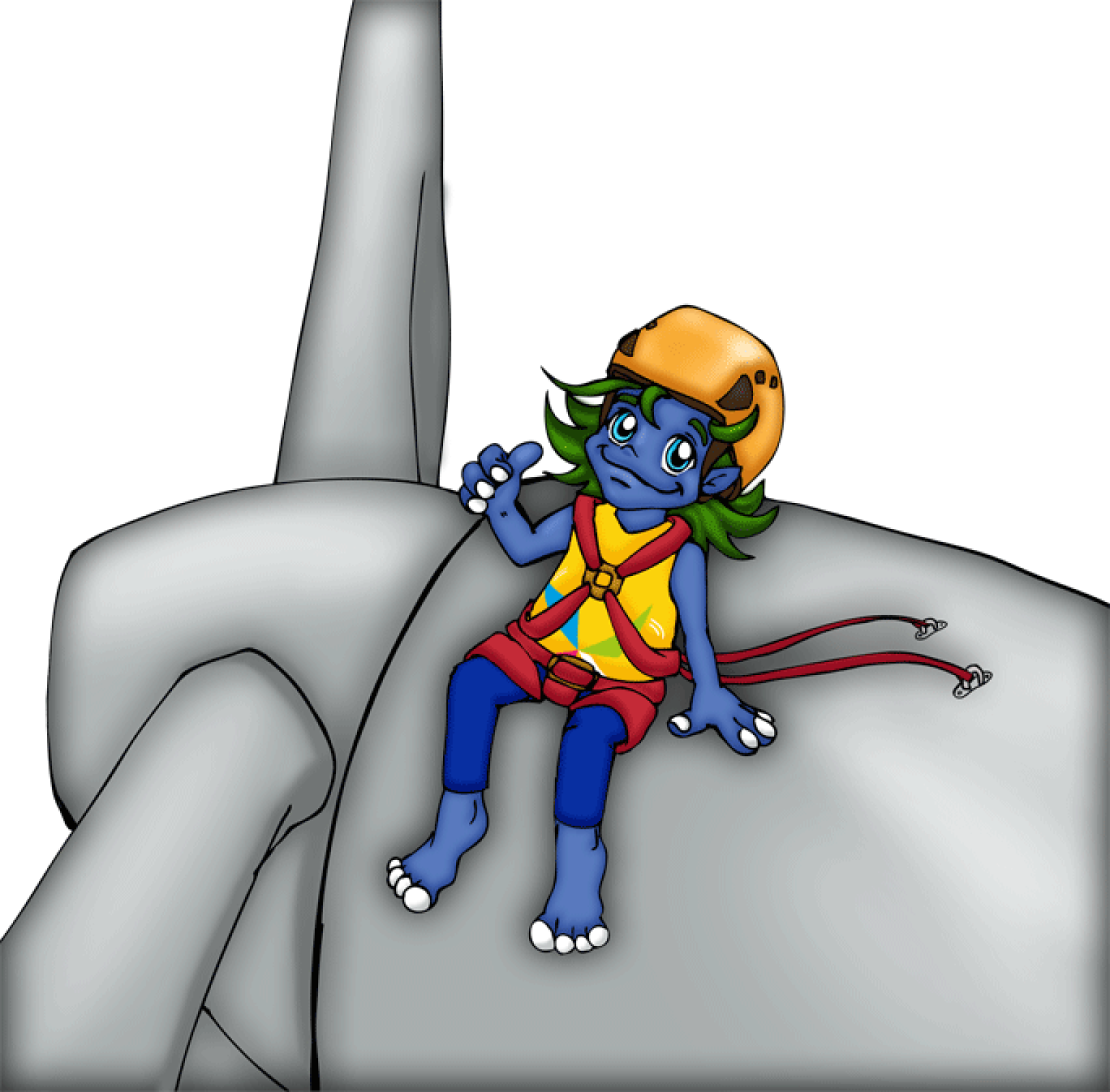 Willi Windkobold mit Sicherheitsgurt am Dach der Windradgondel